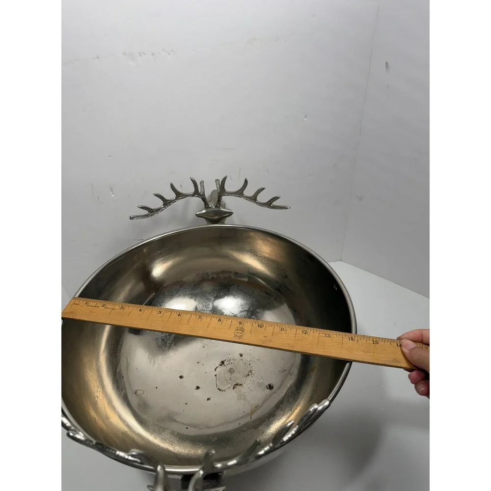 Silver Stag Head Punch Bowl Antler Handle Reindeer Ice Bucket Lodge Decor 10in‎